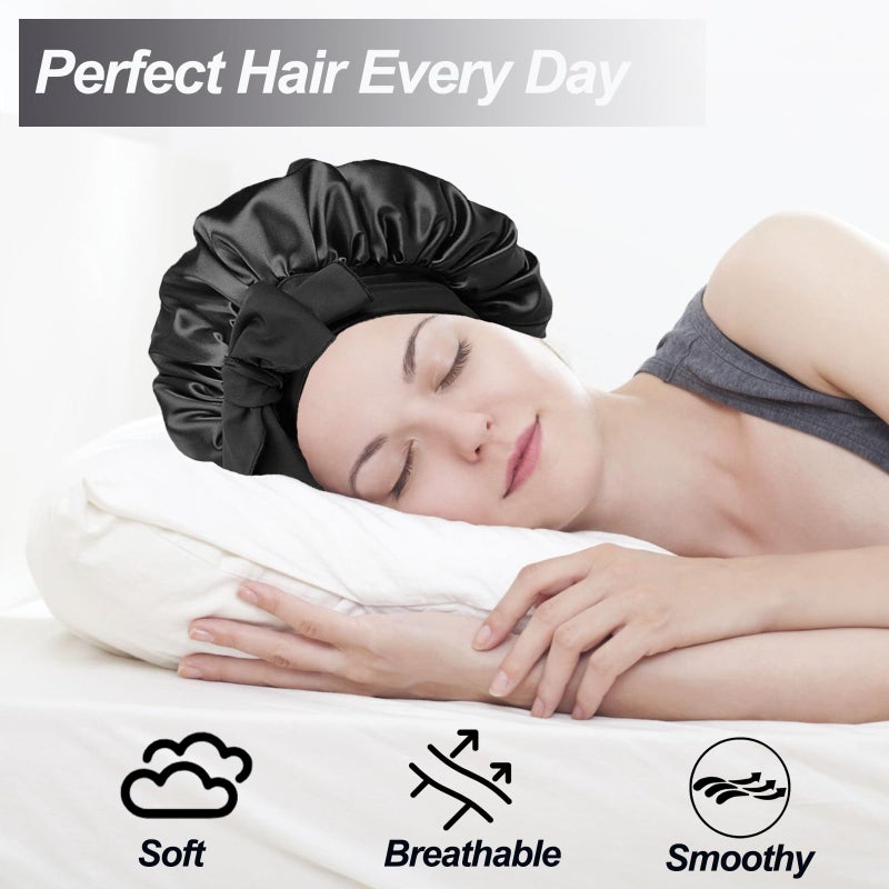 Confvrter Silk Bonnet Satin Hair Bonnet for Sleeping Large Bonnets with Tie Band Hair Wrap with Adjustable Straps Hair Cap for Women Curly Hair Black - Image 3